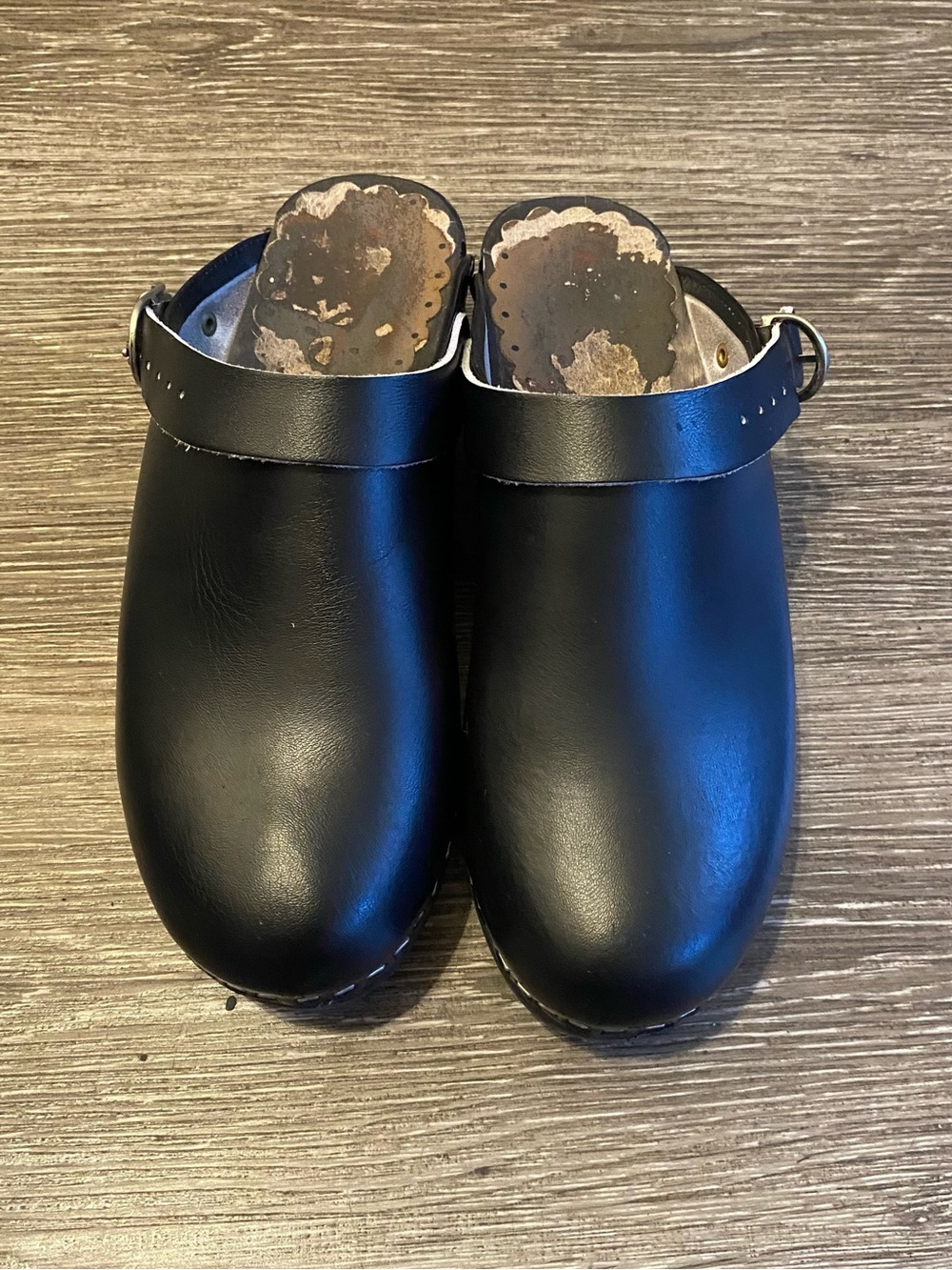 Black Leather Clog Mules with Ankle Strap